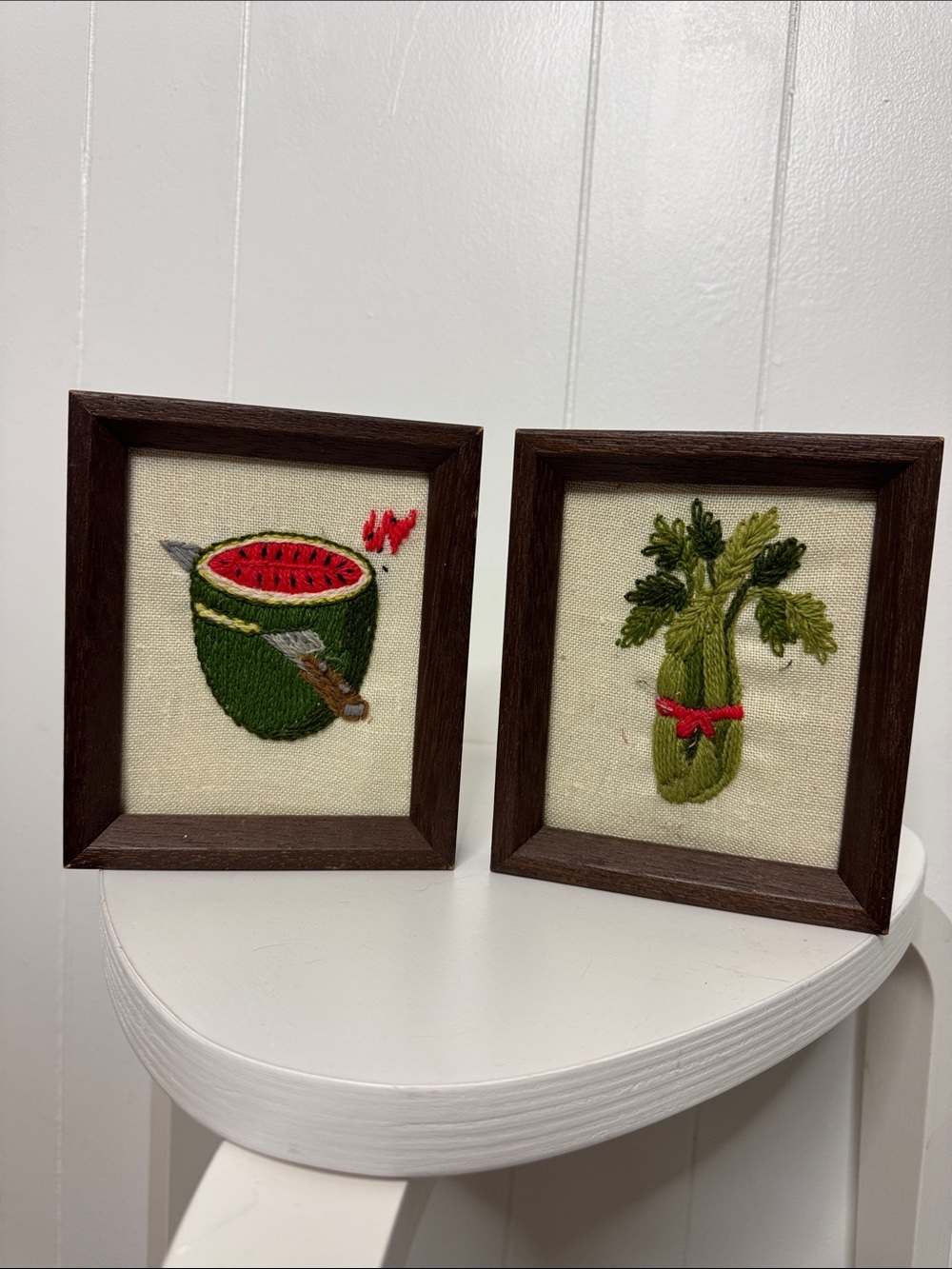 Vintage crewel framed food lot of 2 watermelon & broccoli